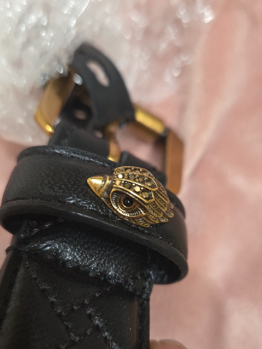 Black Leather Quilted Belt with Gold Wing Charm
